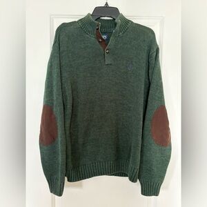 Chaps Sweater L green Button Collar Elbow Patch Preppy Pullover old money golf